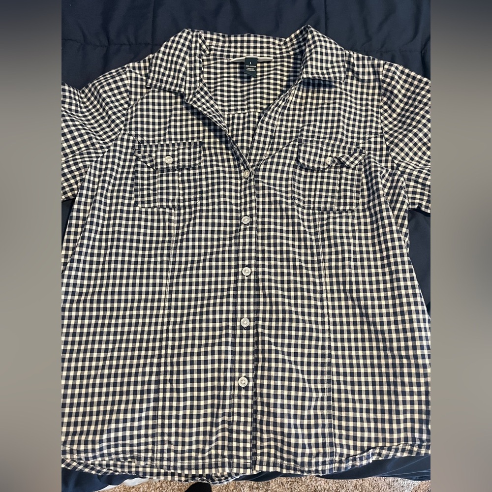 Karen Scott Navy and White Gingham Plaid Button Up T Shirt sz Large